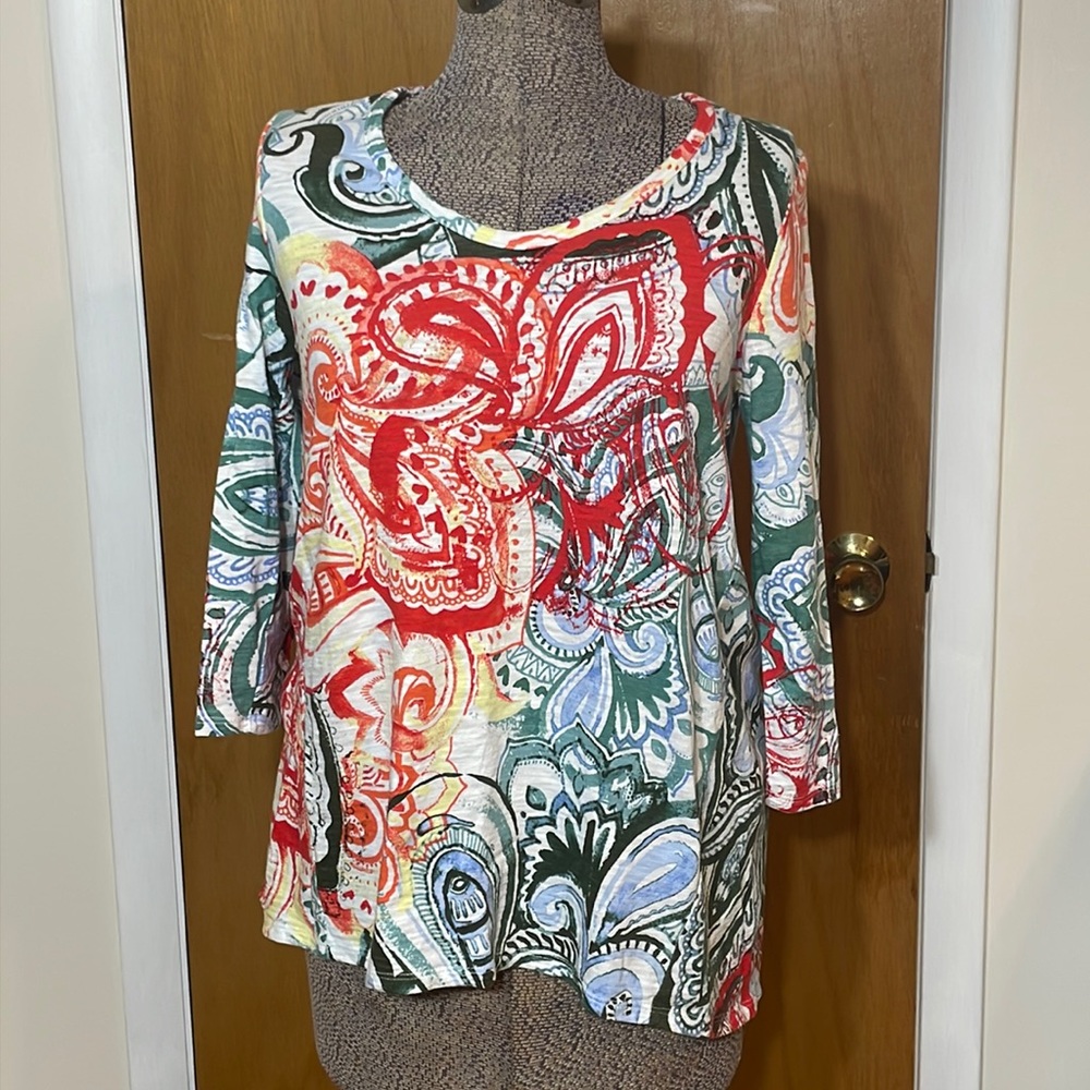 Chicos Womens Small Chicos Size 0 Mid Length Sleeve Blouse Scoop Neck